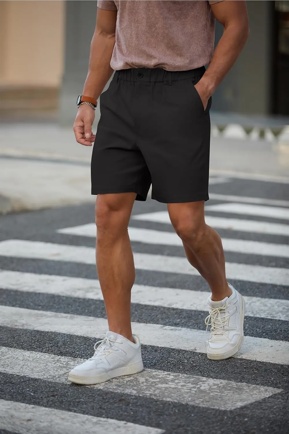 RQP Men's Cotton Casual Classic-fit 7" Chino Shorts Elastic Waist Daily Wear Dress Baech Summer Shorts