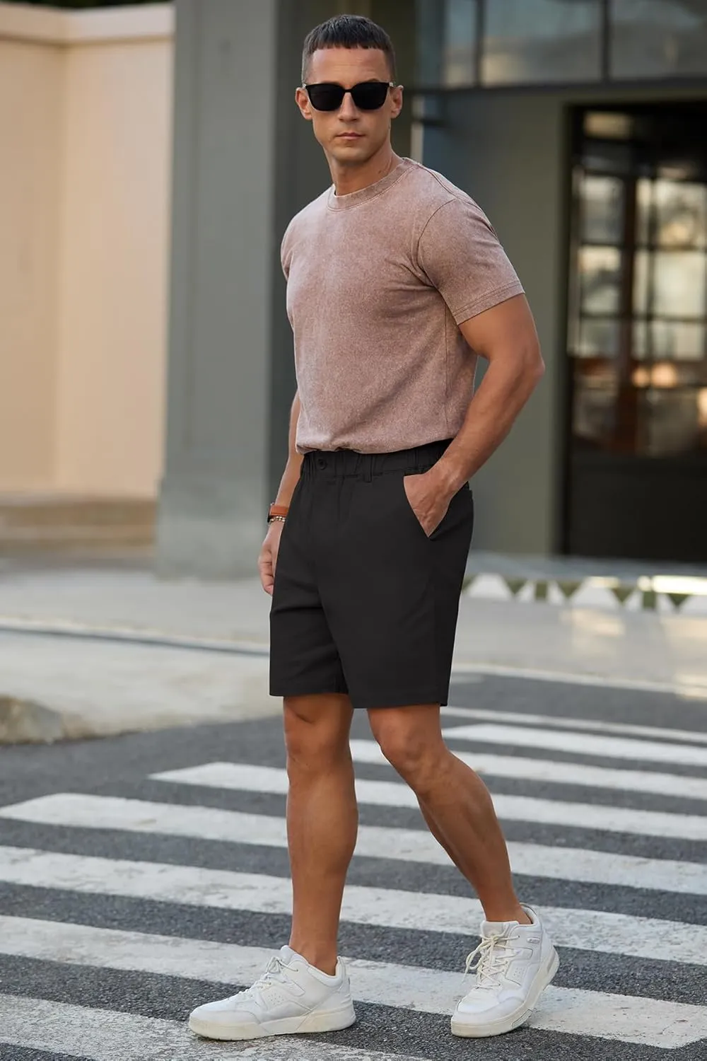 RQP Men's Cotton Casual Classic-fit 7" Chino Shorts Elastic Waist Daily Wear Dress Baech Summer Shorts