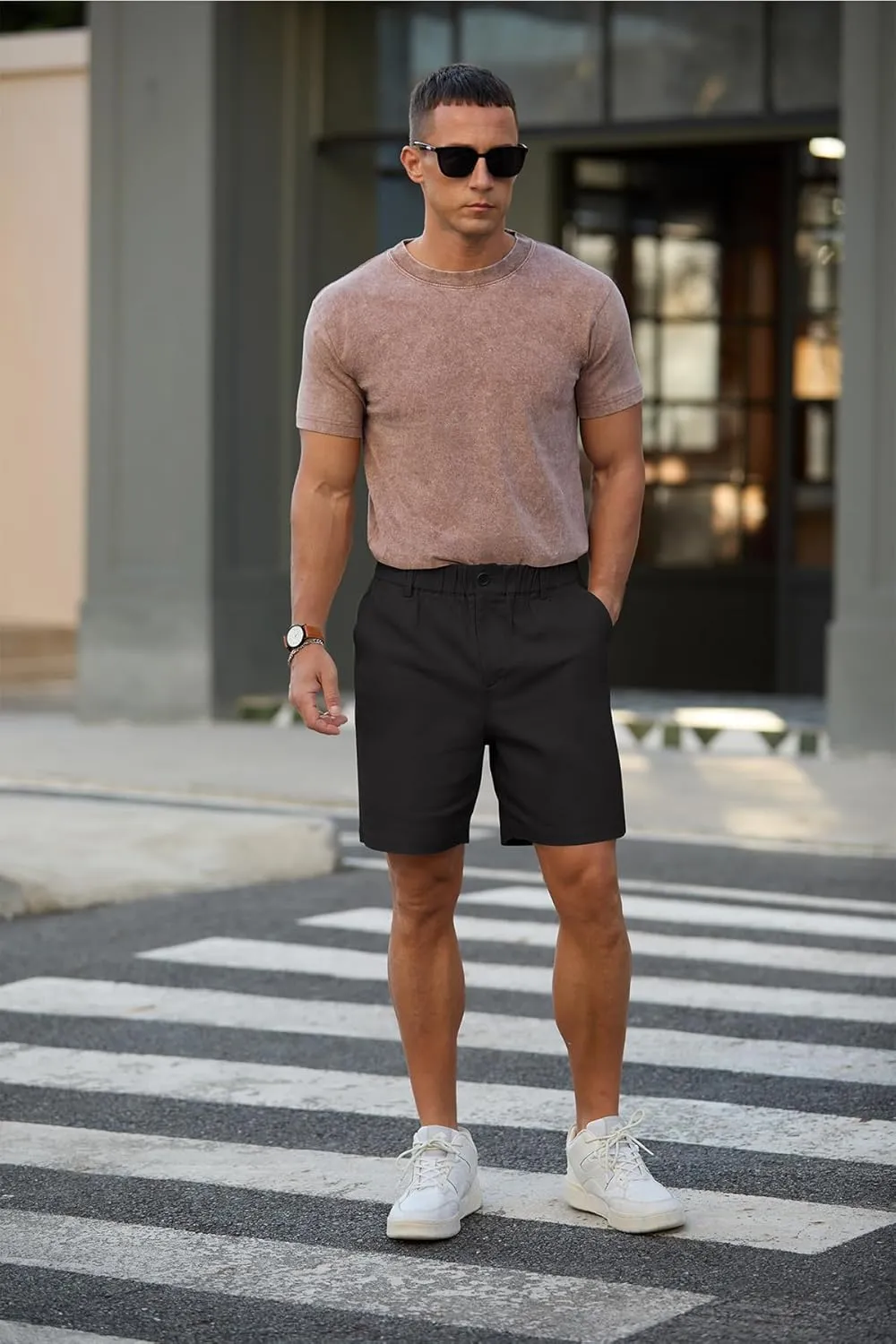 RQP Men's Cotton Casual Classic-fit 7" Chino Shorts Elastic Waist Daily Wear Dress Baech Summer Shorts