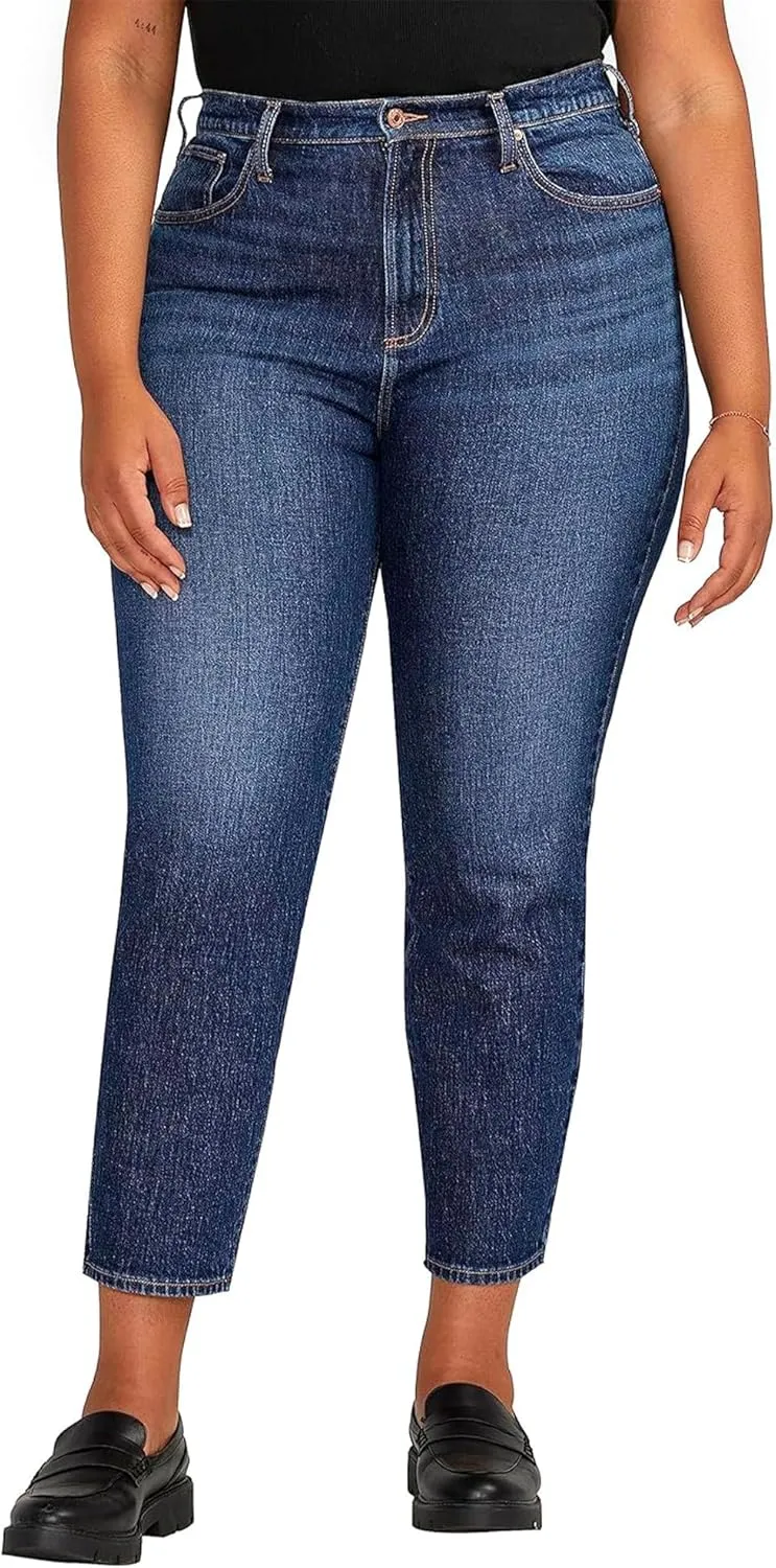 Silver Jeans Co. Women's Plus Size Highly Desirable High Rise Slim Straight Leg Jeans, Indigo, 14 Plus Short