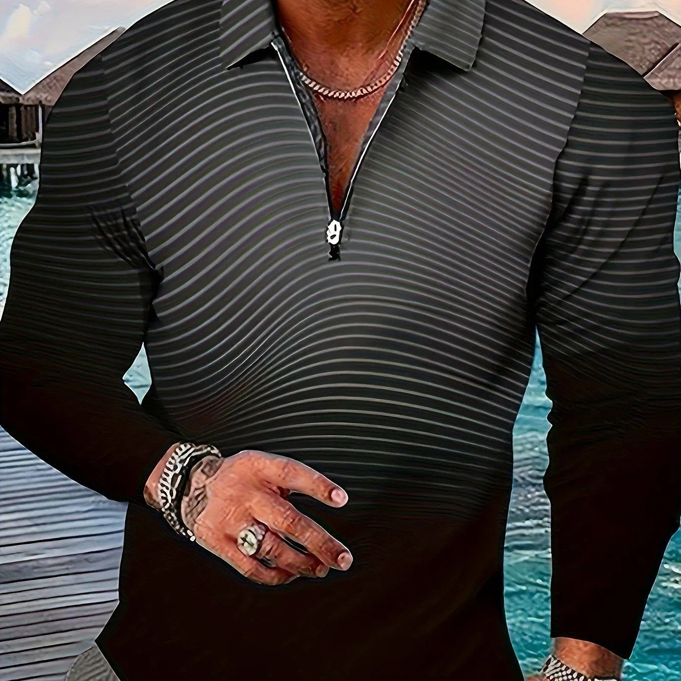 Stylish Stripe Pattern Long Sleeve Zipper Shirt for Men