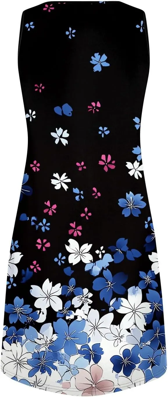 Summer Dresses for Women V-Neck Sleep Dress Casual Beach Tank Dress Sleeveless Sundresses Loose Floral T Shirt Dresses