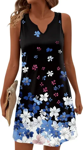 Summer Dresses for Women V-Neck Sleep Dress Casual Beach Tank Dress Sleeveless Sundresses Loose Floral T Shirt Dresses