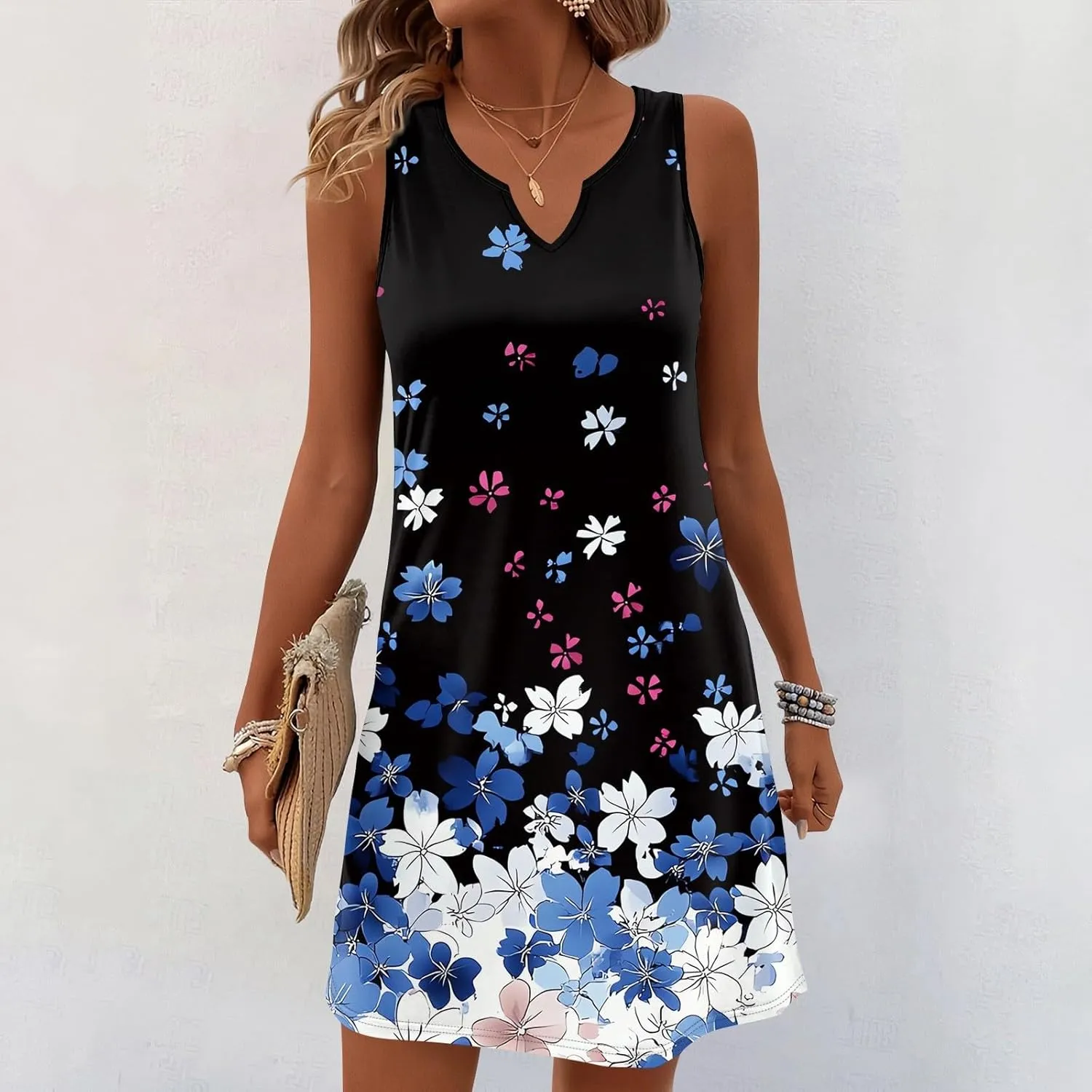 Summer Dresses for Women V-Neck Sleep Dress Casual Beach Tank Dress Sleeveless Sundresses Loose Floral T Shirt Dresses