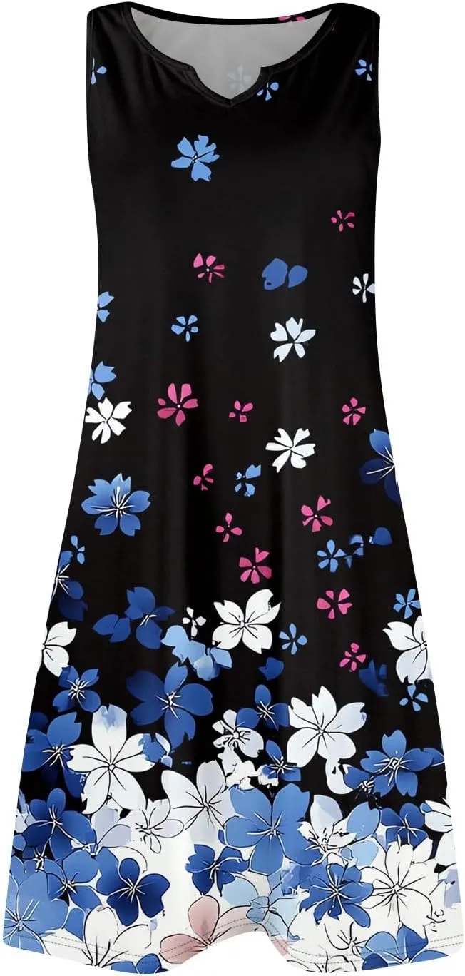 Summer Dresses for Women V-Neck Sleep Dress Casual Beach Tank Dress Sleeveless Sundresses Loose Floral T Shirt Dresses
