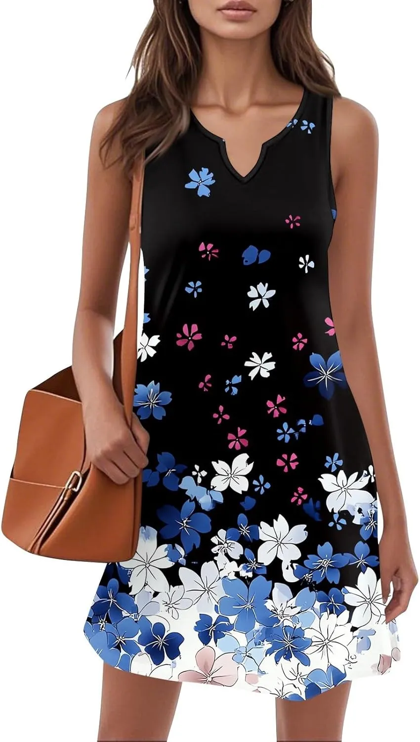 Summer Dresses for Women V-Neck Sleep Dress Casual Beach Tank Dress Sleeveless Sundresses Loose Floral T Shirt Dresses