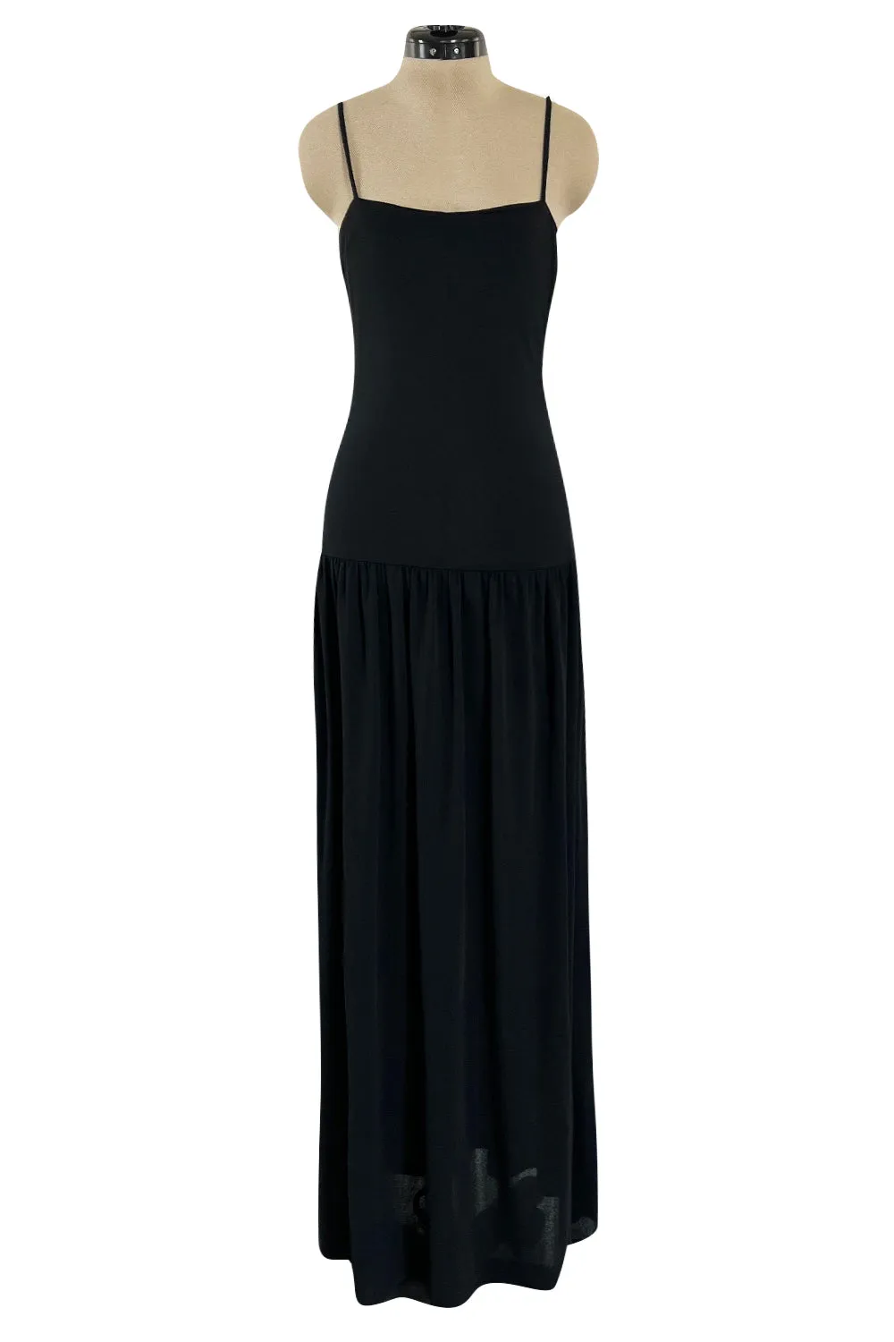 Superb 1980s Christian Dior by Marc Bohan Minimalist Black Jersey Drop Waist Dress