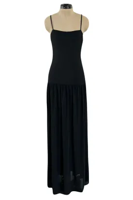 Superb 1980s Christian Dior by Marc Bohan Minimalist Black Jersey Drop Waist Dress