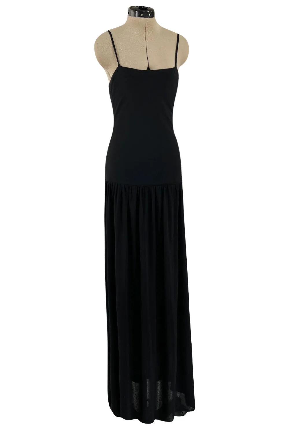 Superb 1980s Christian Dior by Marc Bohan Minimalist Black Jersey Drop Waist Dress