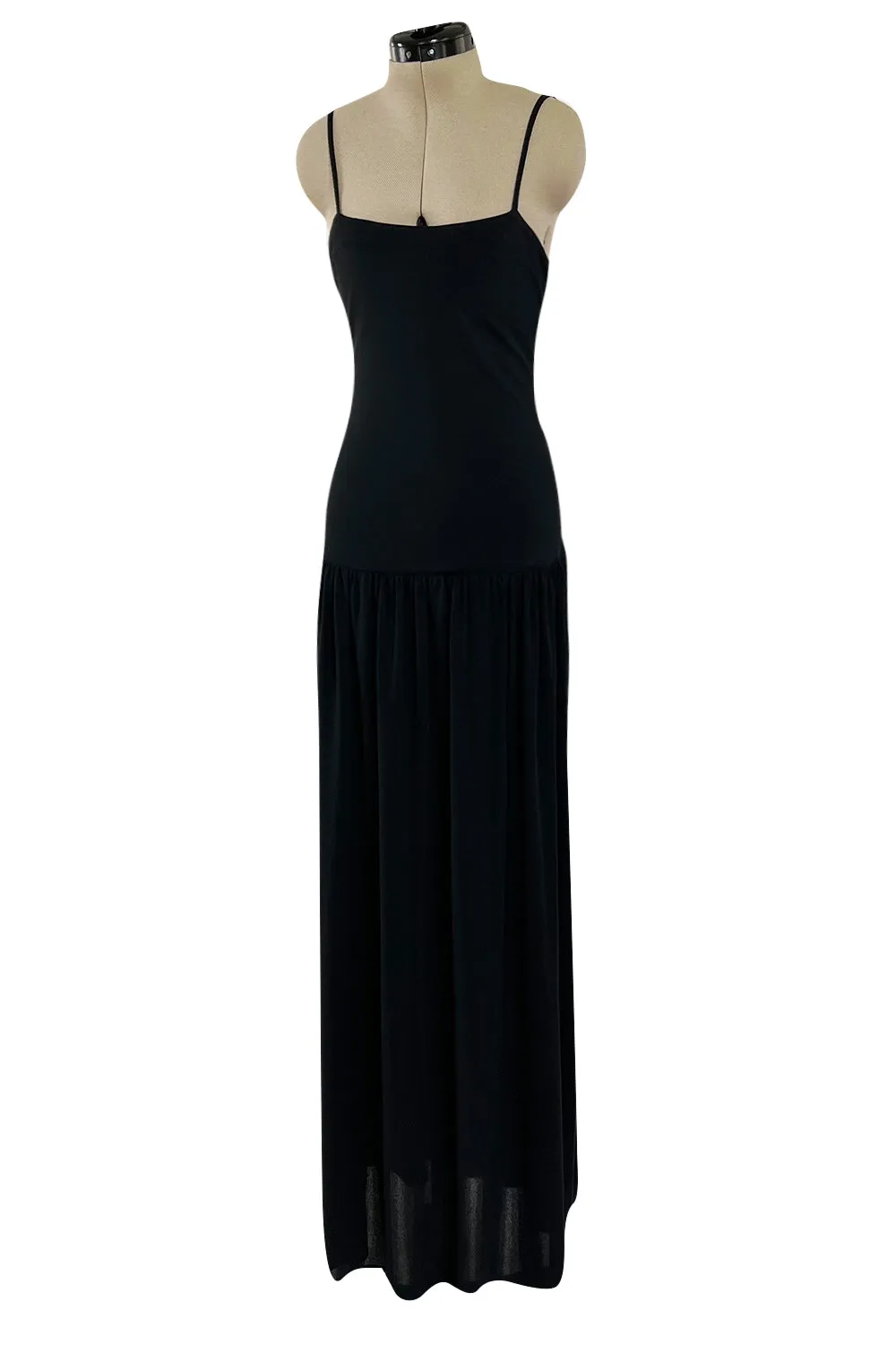 Superb 1980s Christian Dior by Marc Bohan Minimalist Black Jersey Drop Waist Dress