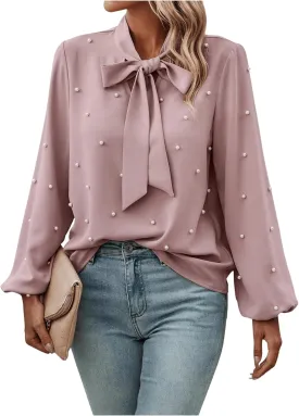 SweatyRocks Women's Pearls Bow Tie Mock Neck Long Sleeve Shirts Casual Loose Fit Blouse Top