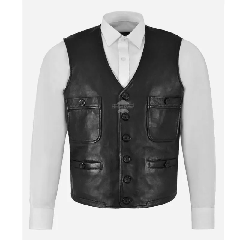 The Executive Leather Vest Men's Classic Lambskin Leather Waistcoat