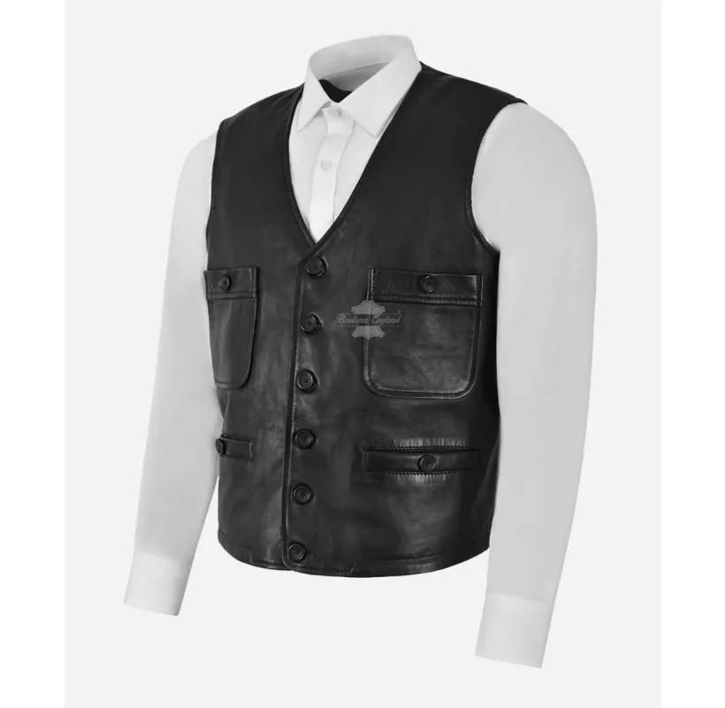 The Executive Leather Vest Men's Classic Lambskin Leather Waistcoat