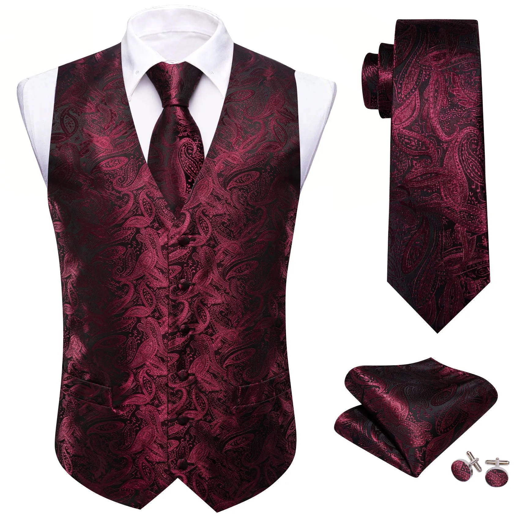 Ties2you Burgundy Red Paisley Silk Men's Vest Hanky Cufflinks Tie Set