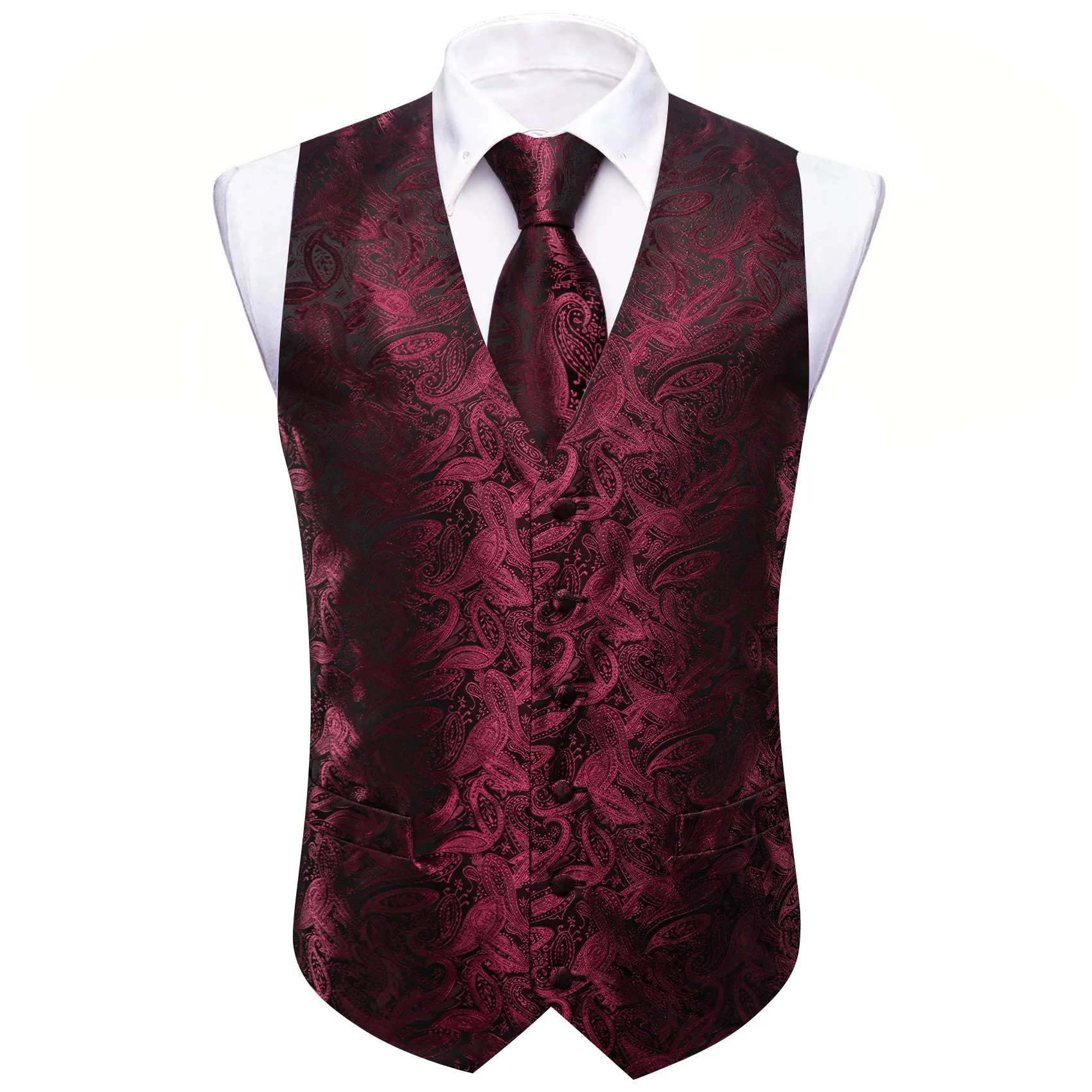 Ties2you Burgundy Red Paisley Silk Men's Vest Hanky Cufflinks Tie Set