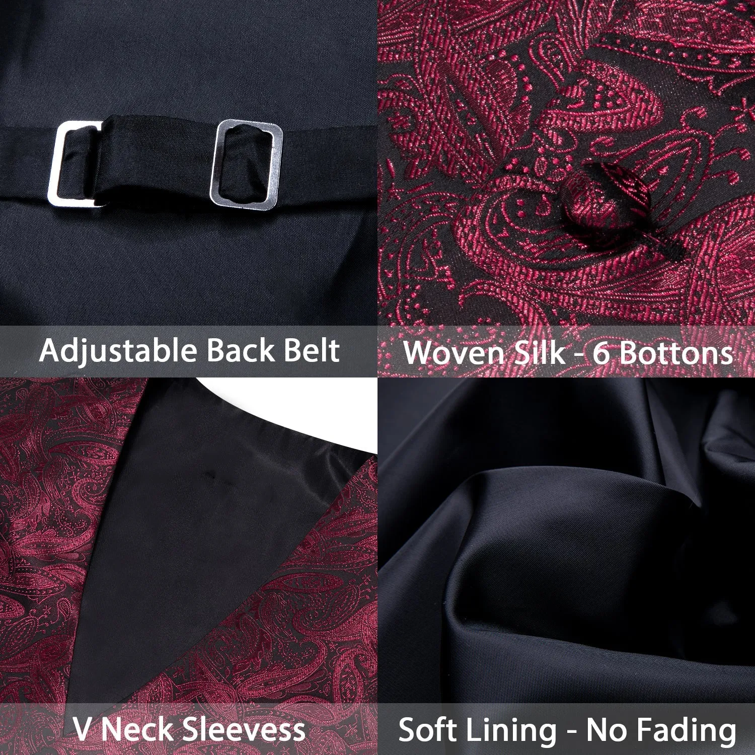 Ties2you Burgundy Red Paisley Silk Men's Vest Hanky Cufflinks Tie Set