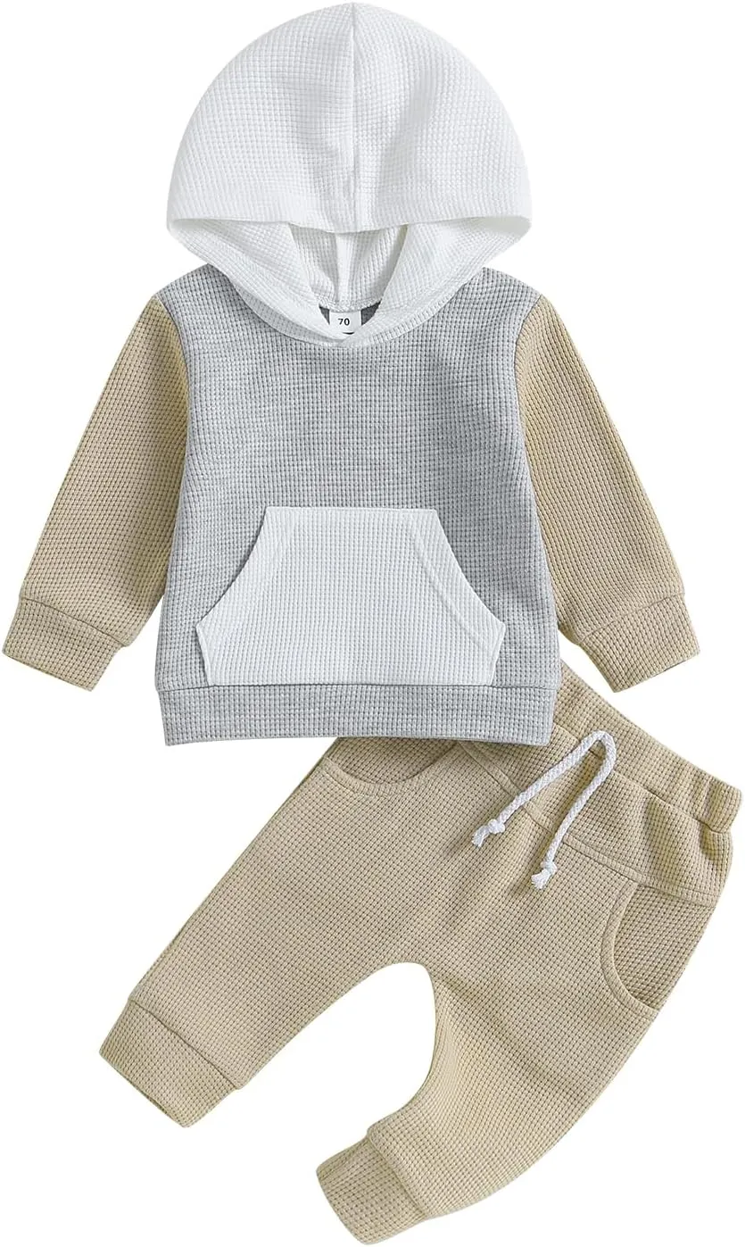 Toddler Baby Boy Clothes Color Block Hooded Sweatshirt Pullover Jogger Pants 2Pcs Fall Winter Sweatsuit Outfit
