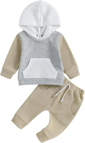 Toddler Baby Boy Clothes Color Block Hooded Sweatshirt Pullover Jogger Pants 2Pcs Fall Winter Sweatsuit Outfit