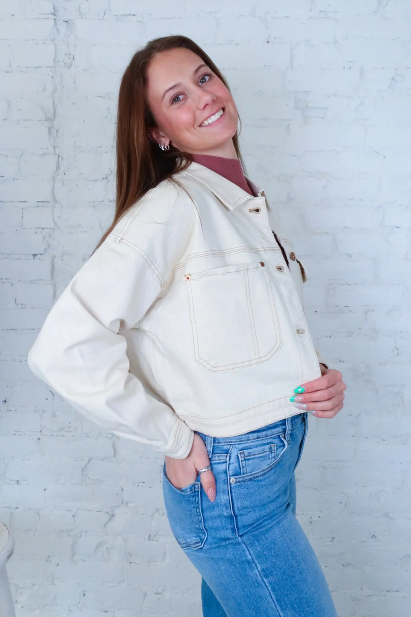 Tribal Brand Ecru Drop Shoulder Crop Denim Jacket