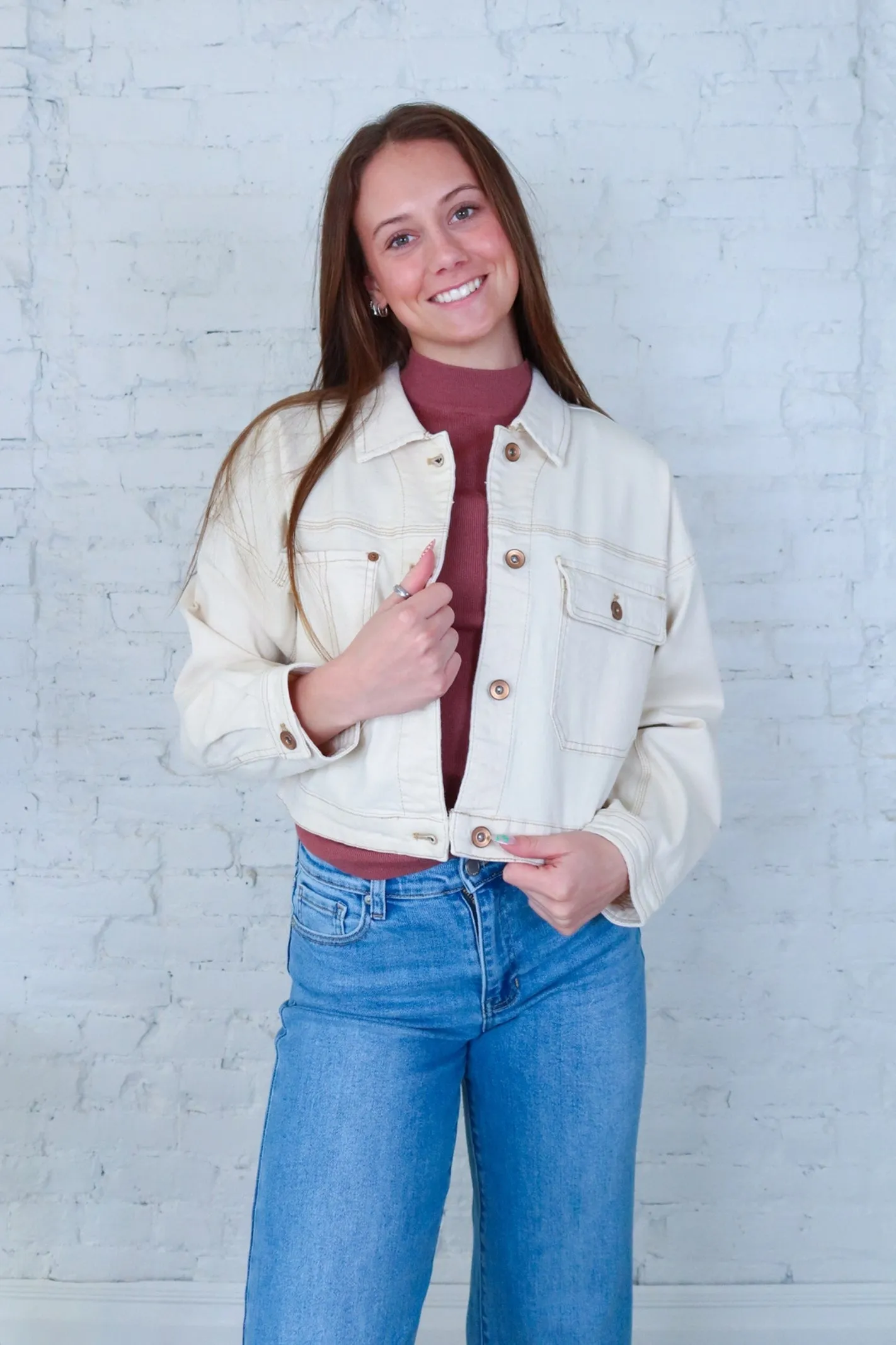 Tribal Brand Ecru Drop Shoulder Crop Denim Jacket