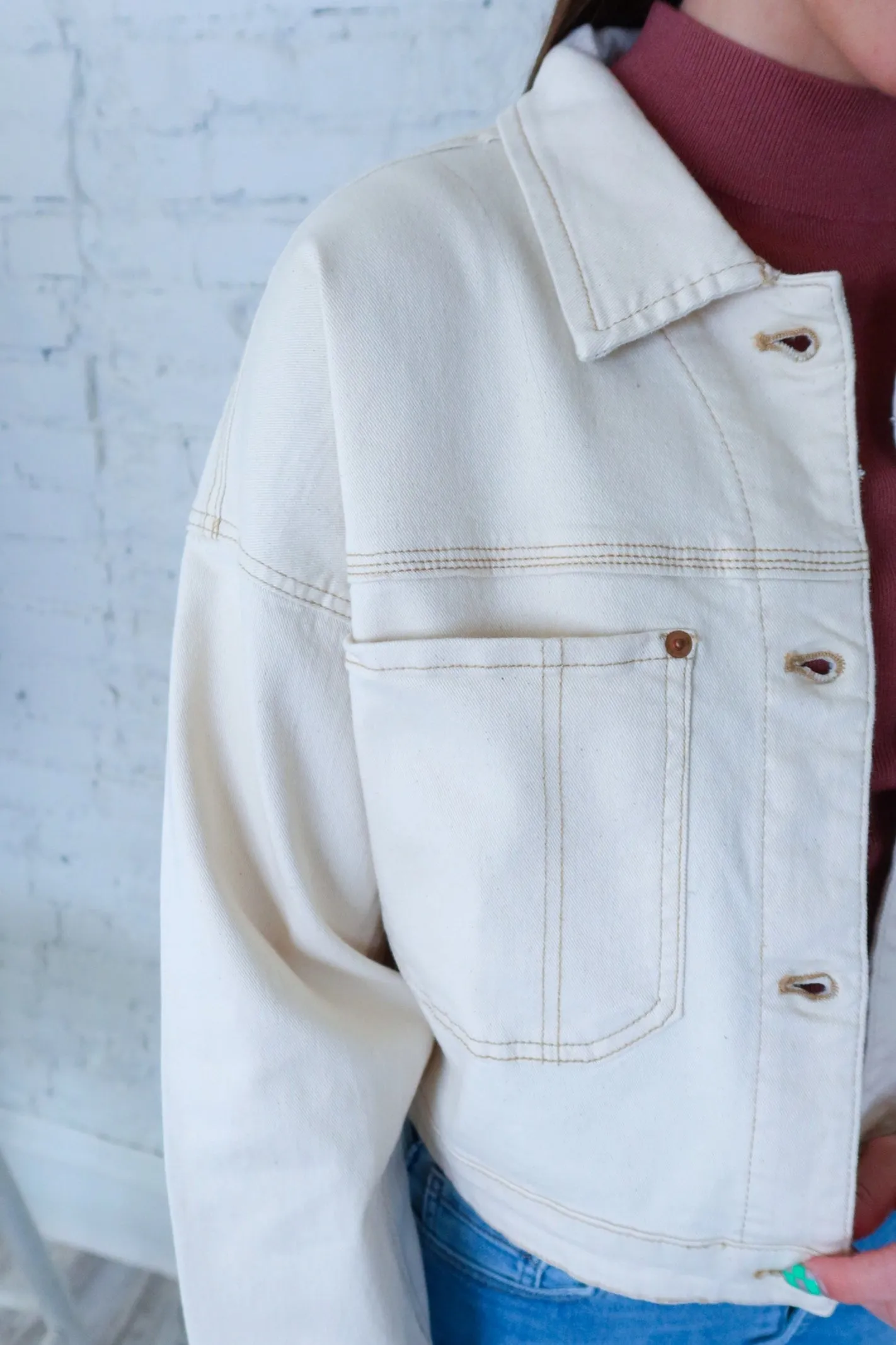 Tribal Brand Ecru Drop Shoulder Crop Denim Jacket