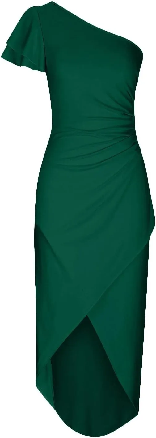 Women 2025 Summer Elegant One Shoulder Cocktail Dress Ruffle Sleeve Wrap Ruched Bodycon Short Party Midi Dresses