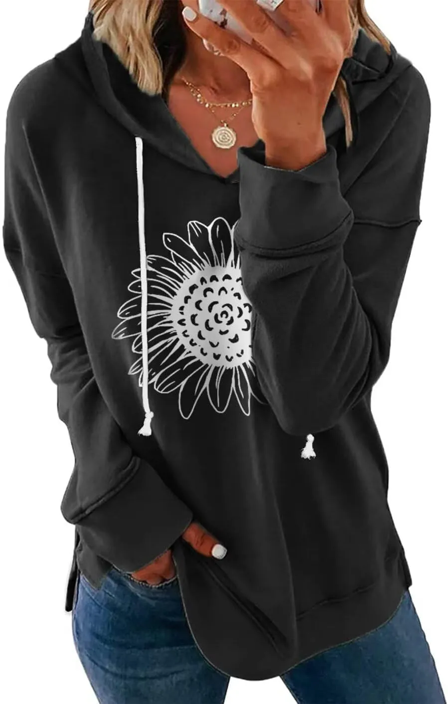 Women Sunflower Graphic Hoodies Long Sleeve Pullover Drawstring Sweatshirt Loose Fit Tunic Tops