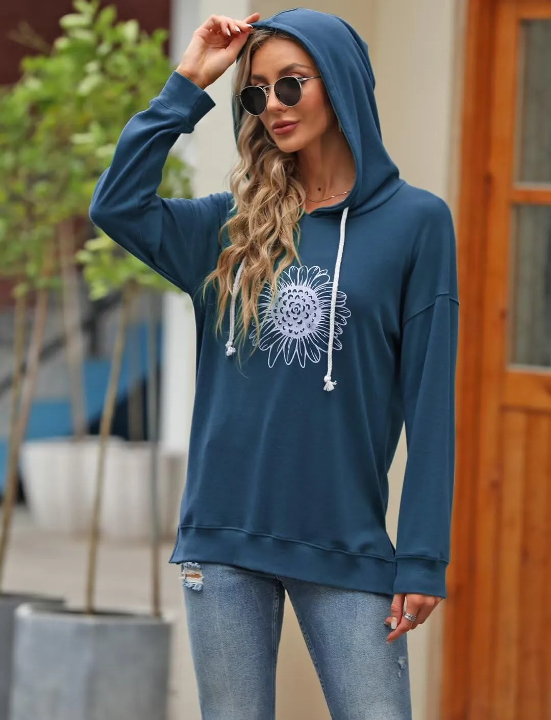 Women Sunflower Graphic Hoodies Long Sleeve Pullover Drawstring Sweatshirt Loose Fit Tunic Tops
