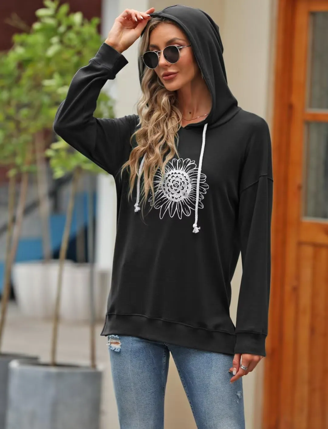 Women Sunflower Graphic Hoodies Long Sleeve Pullover Drawstring Sweatshirt Loose Fit Tunic Tops