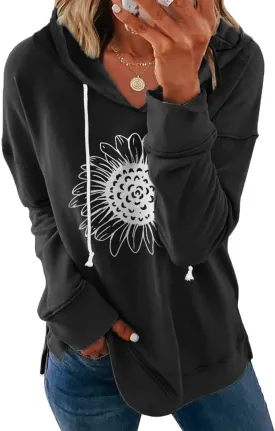 Women Sunflower Graphic Hoodies Long Sleeve Pullover Drawstring Sweatshirt Loose Fit Tunic Tops