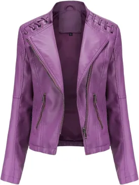 Women's Faux Leather Motorcycle Jacket Casual Fashion Lapel Zip Up Solid Color PU Cropped Biker Coat with Pockets