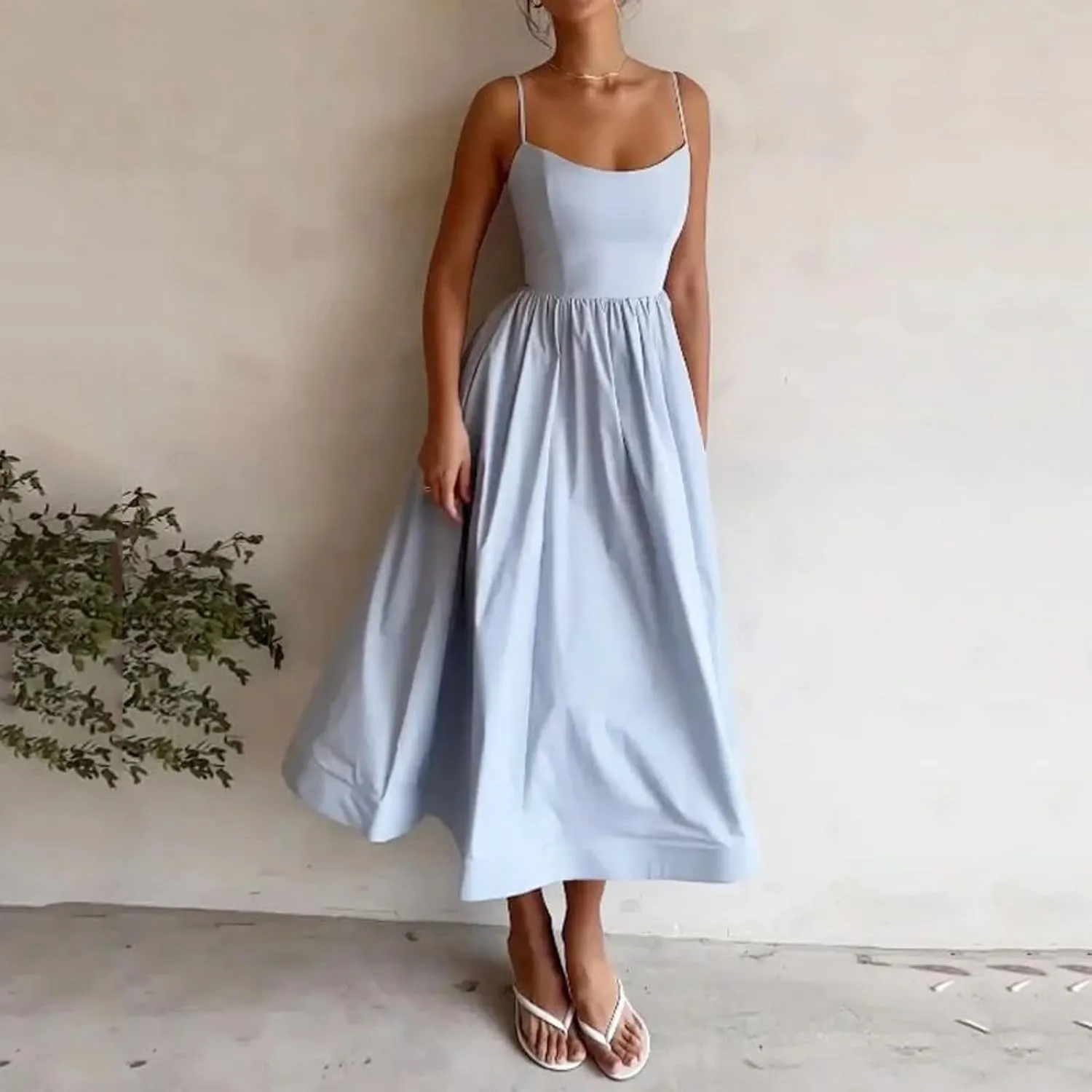 Women's Summer Corset Midi Dress Casual Spaghetti Strap Flowy Milkmaid Dresses A-Line Low Cut Bust Boho Sundress