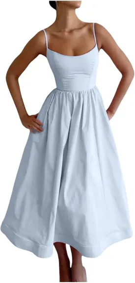 Women's Summer Corset Midi Dress Casual Spaghetti Strap Flowy Milkmaid Dresses A-Line Low Cut Bust Boho Sundress