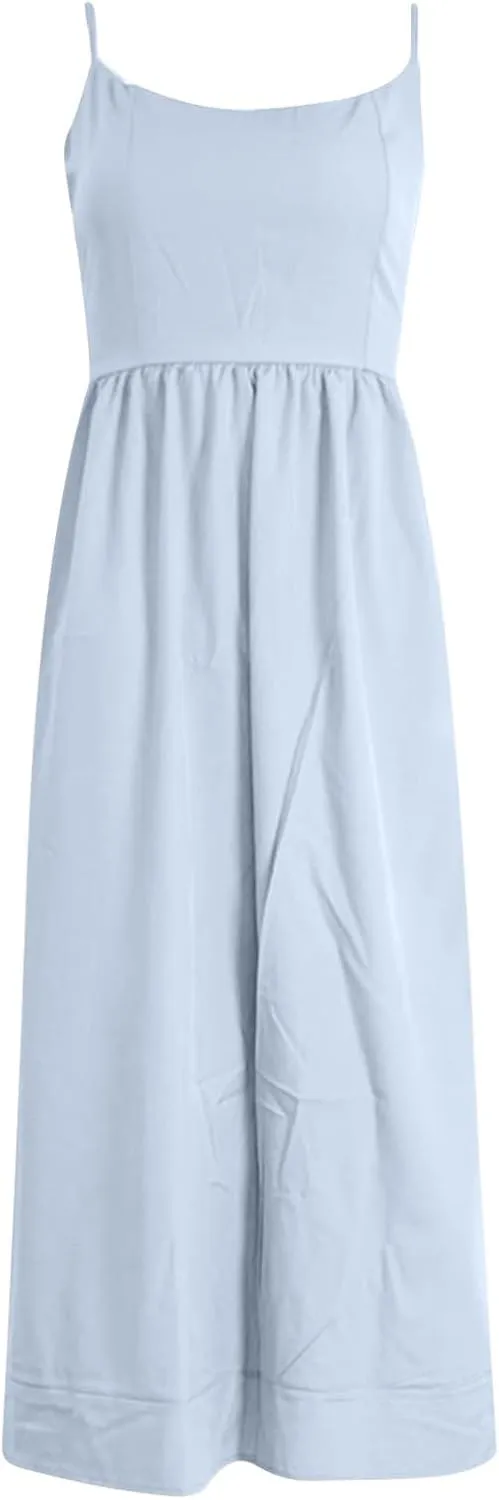 Women's Summer Corset Midi Dress Casual Spaghetti Strap Flowy Milkmaid Dresses A-Line Low Cut Bust Boho Sundress