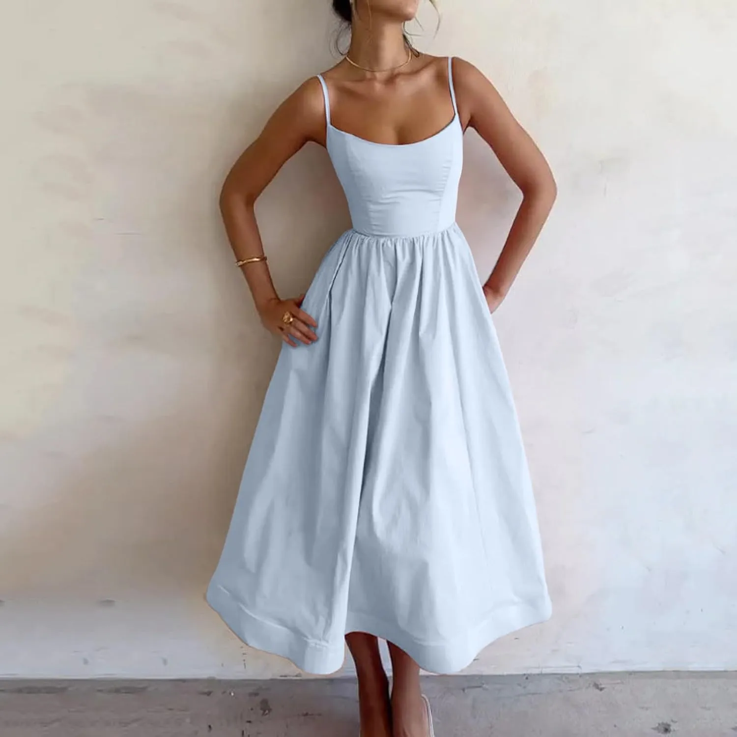 Women's Summer Corset Midi Dress Casual Spaghetti Strap Flowy Milkmaid Dresses A-Line Low Cut Bust Boho Sundress