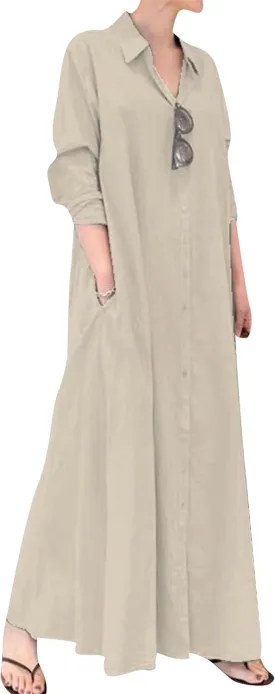 Women's Summer V Neck Long Dress Long Sleeve Solid Casual Maxi Dress Trendy Shirt Dress with Pockets